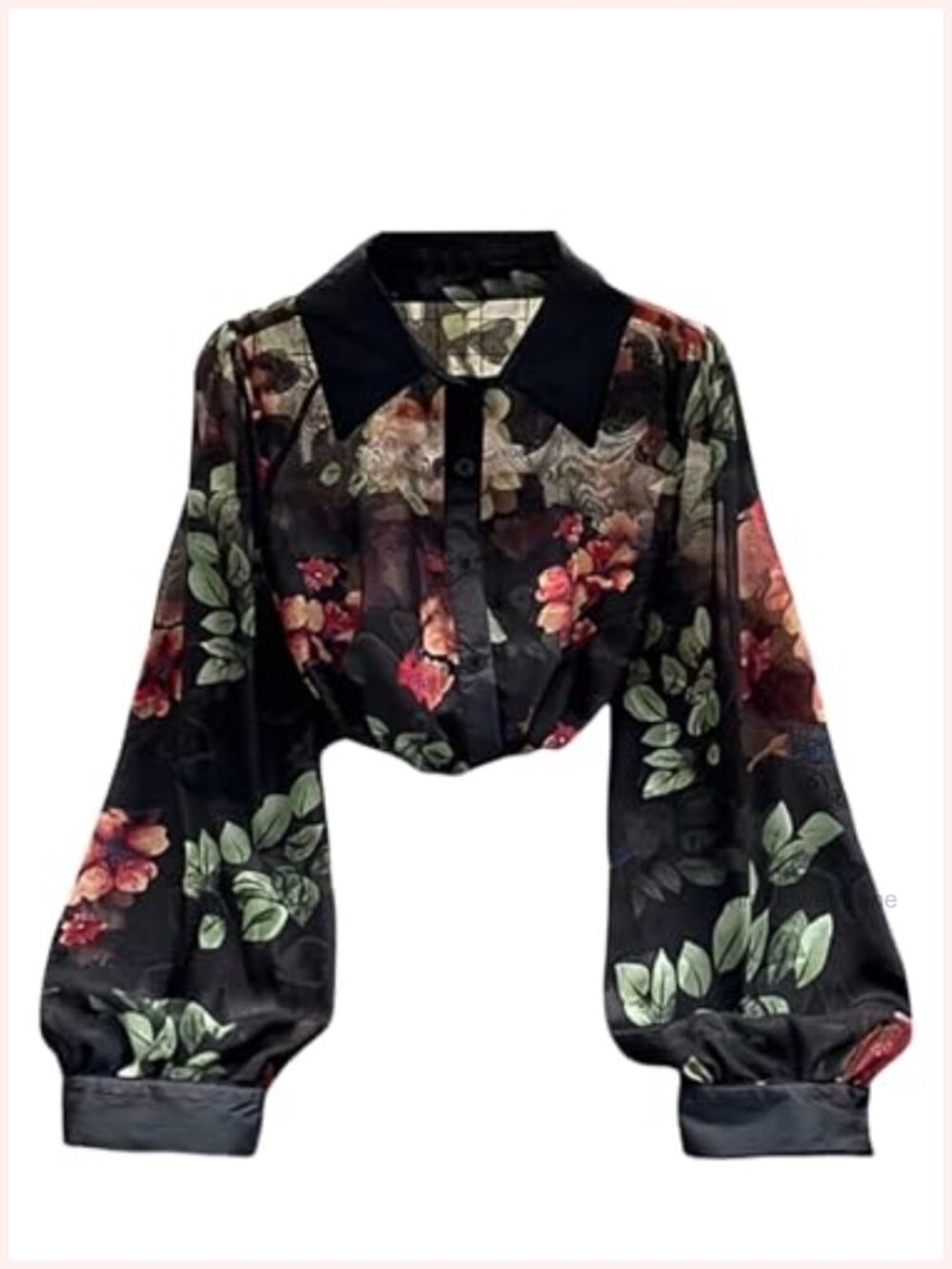 Sheer Floral Mesh Blouse Lantern Sleeve Button Down Goth Top